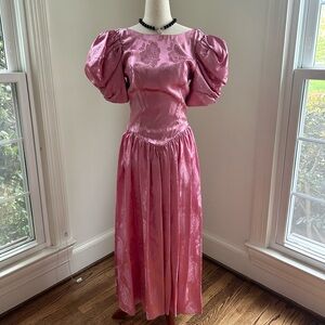 VNTG 80s Prom Dress with Oversized Puff Sleeves and Bow and Rosette Back Detail